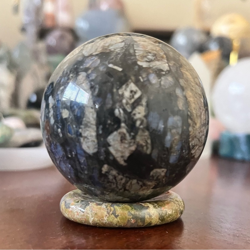 Que Sera Sphere | Galaxy Rhyolite Natural Stone | Llianite Crystal | Glaucophane